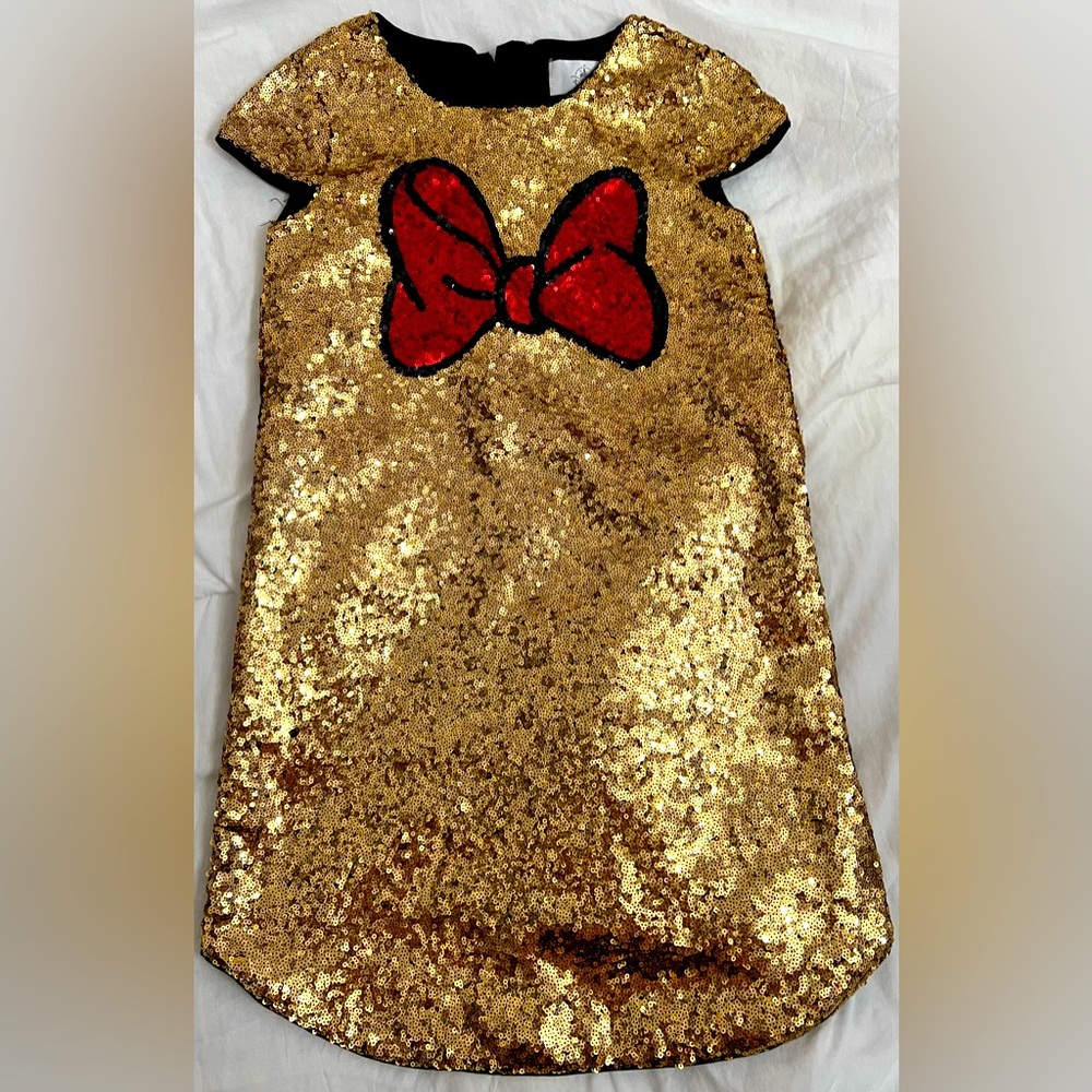EUC Disney Minnie Mouse Bow fully sequin gold red dress